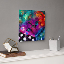 Whimsisk Abstrakt Dreamy Kattunge Teal Lila Fyrkantig Klocka