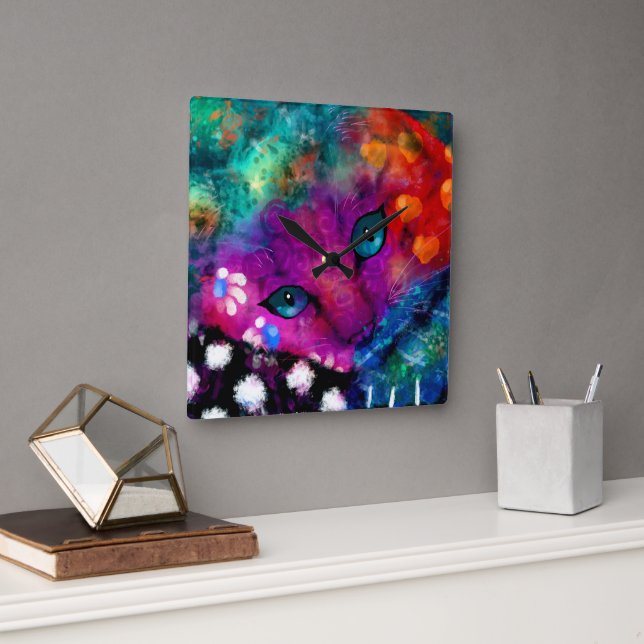 Whimsisk Abstrakt Dreamy Kattunge Teal Lila Fyrkantig Klocka (Kontor)