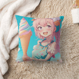 Whimsisk Anime Girl med Cone Cone för iskräm Kudde