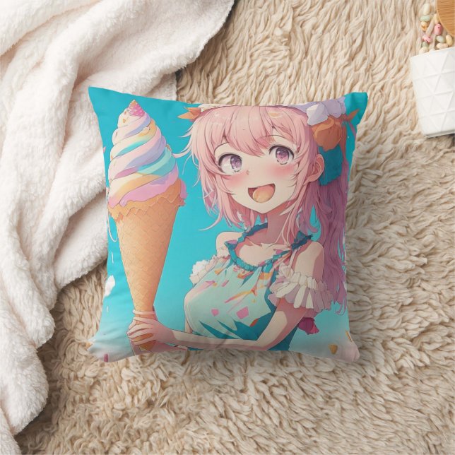Whimsisk Anime Girl med Cone Cone för iskräm Kudde (Filt)