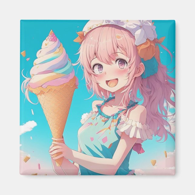 Whimsisk Anime Girl med Cone Cone för iskräm Magnet (Framsidan)