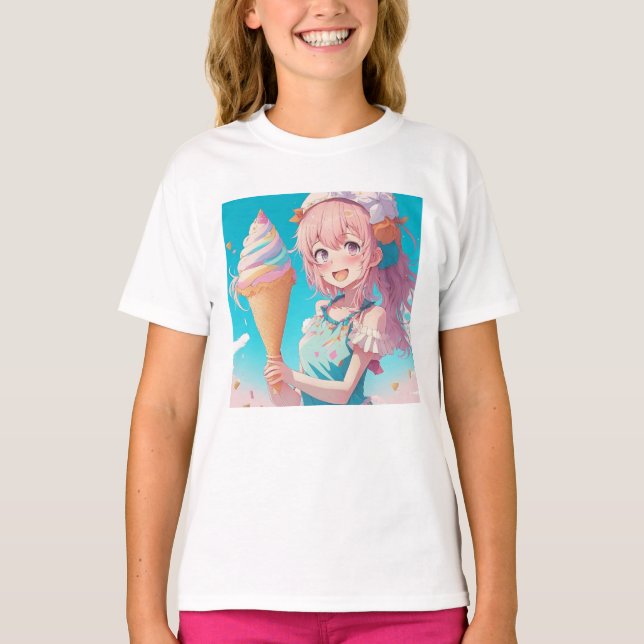Whimsisk Anime Girl med Cone Cone för iskräm T Shirt (Framsida)