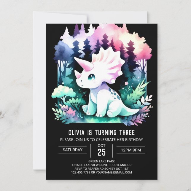 Whimsisk Anpassningsbar Triceratops Birthday Inbjudningar (Framsida)