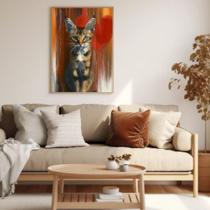 Whimsisk bengal Cat Porträtt på hjärtats bakgrund Poster