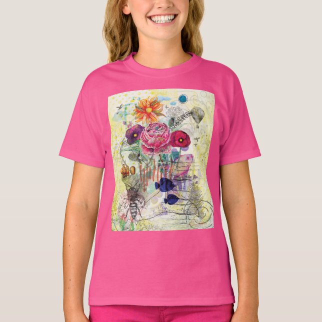 Whimsisk blandteknisk collagekonst t shirt (Framsida)