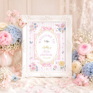 Whimsisk Blommig Vintage Flickbabyfirande Välkomme Poster