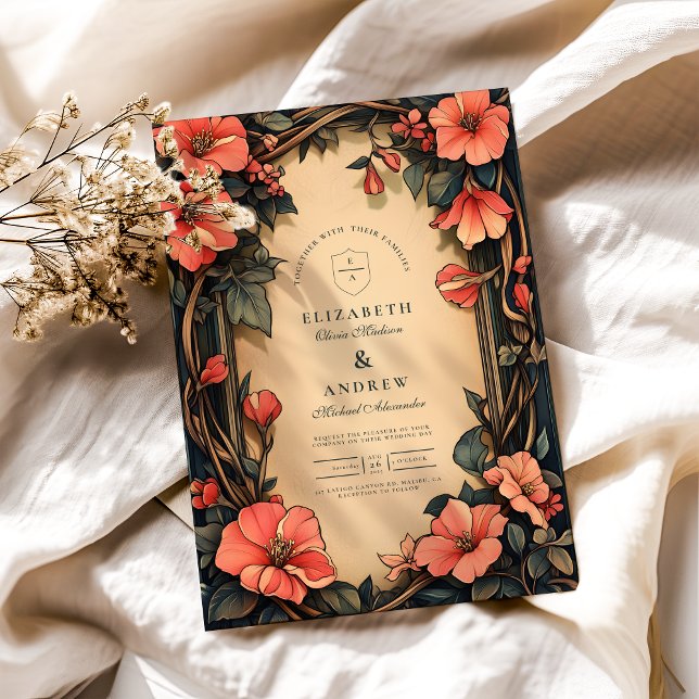 Whimsisk Blommigt Bröllop Art nouveau Inbjudningar (Skapare uppladdad)