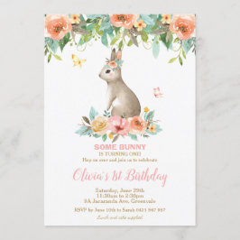 Whimsisk Blommigt Bunny Rabbit 1:a födelsedagen Pa Inbjudningar
