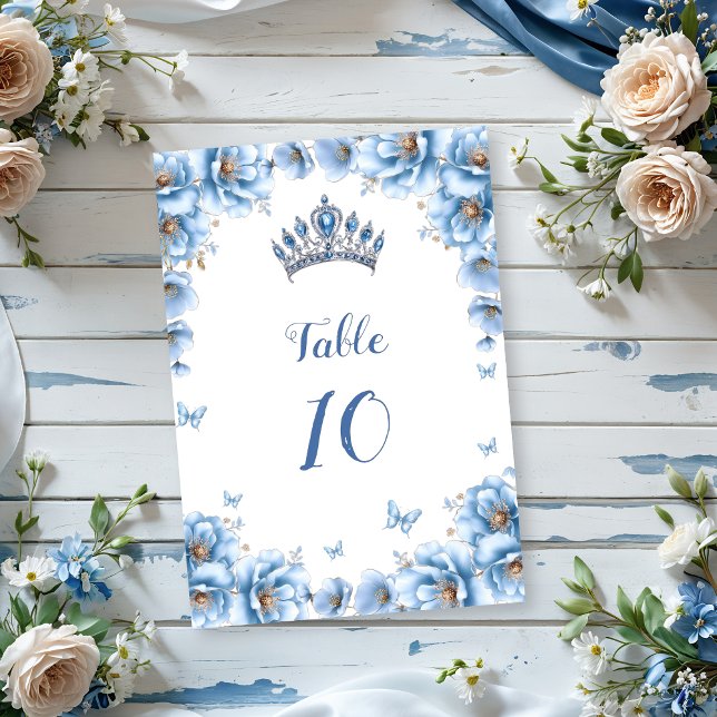 Whimsisk Blommigt Dusty Blue Tiara Quinceañera Bordsnummer (Skapare uppladdad)