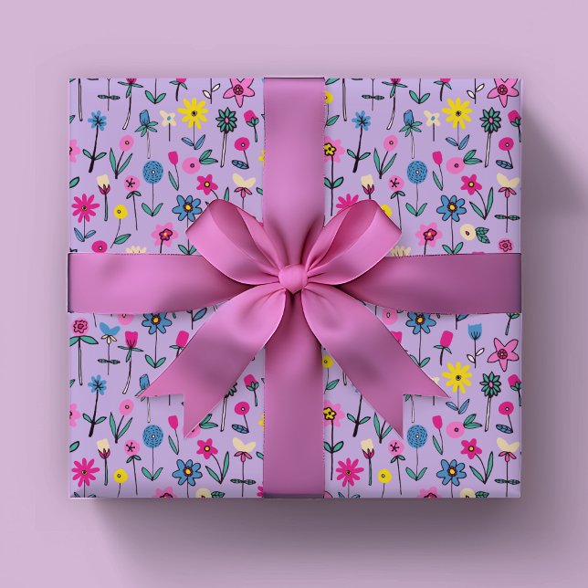 Whimsisk Blommigt Kids mönster Presentpapper (Floral wildflower wrapping paper in lilac and pink. Perfect for girls birthday party or baby shower)
