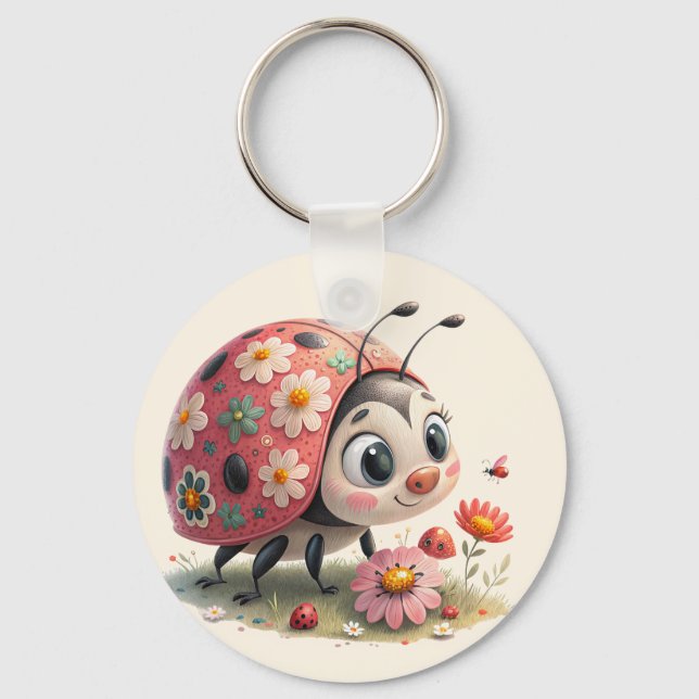 Whimsisk blommigt ladybug nyckelring (Framsida)