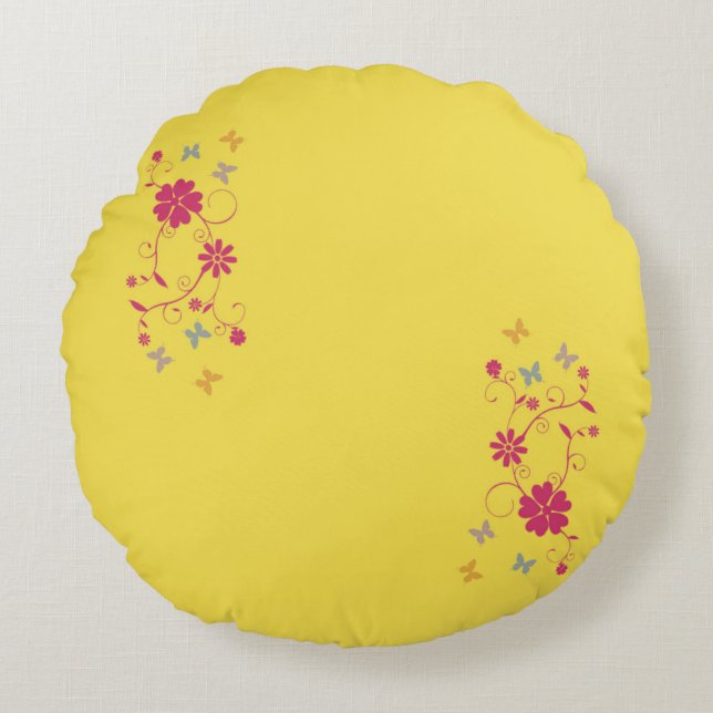 Whimsisk Blommigt och fjäril-accenter på Gulten Rund Kudde (Framsidan)