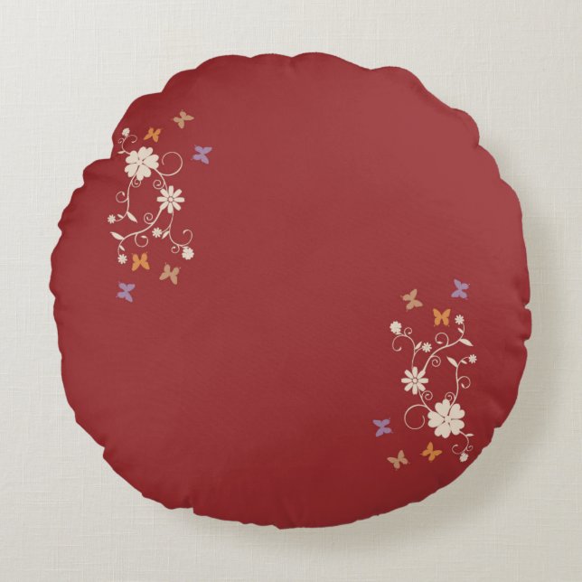 Whimsisk Blommigt- och fjärildetaljer på Mörk Red Rund Kudde (Framsidan)
