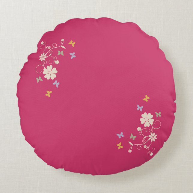 Whimsisk Blommigt- och fjärilskort på Rosa Rund Kudde (Framsidan)