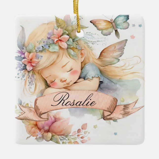 Whimsisk Blommigt Sweet Dreams Sleeping Fairy Girl Julgransprydnad Keramik (Framsida)