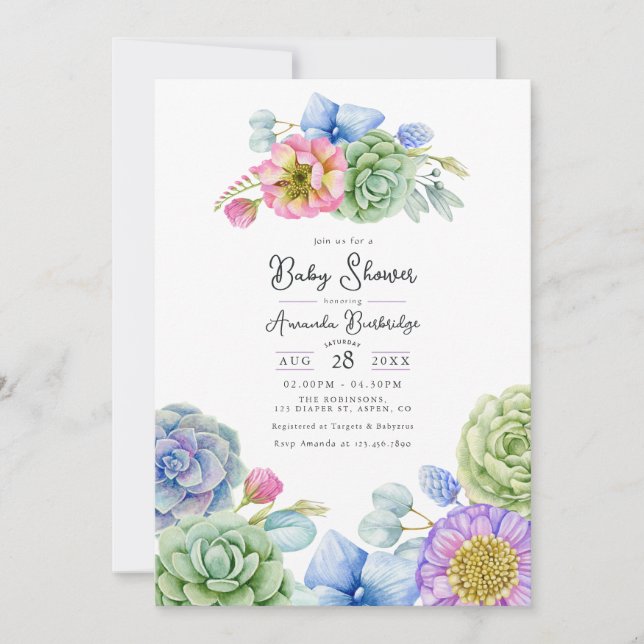Whimsisk blomster- och suckulent-babyshower inbjudningar (Framsida)