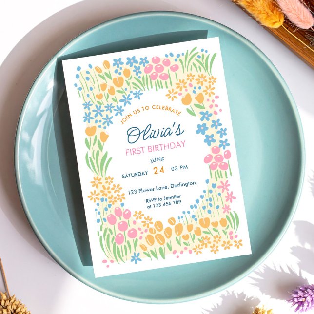 Whimsisk blomsterfirande födelsedagsfest inbjudningar (Skapare uppladdad)