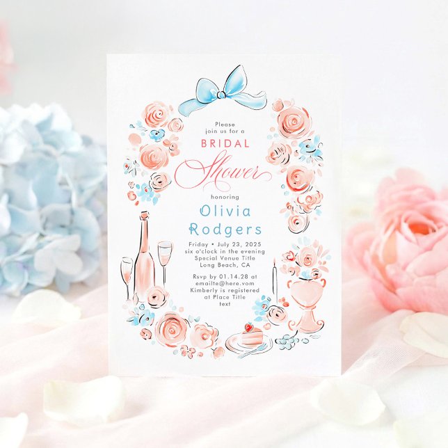 Whimsisk blomstergestaltning med handritad chic sl inbjudningar (Dusty Blue and Pink Whimsical Coquette Bow Bridal Shower Invitations)