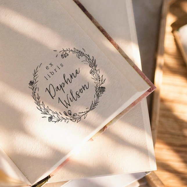 Whimsisk blomsterram kalligrafi Ex Libris Bok Självfärgande Stämpel (Skapare uppladdad)