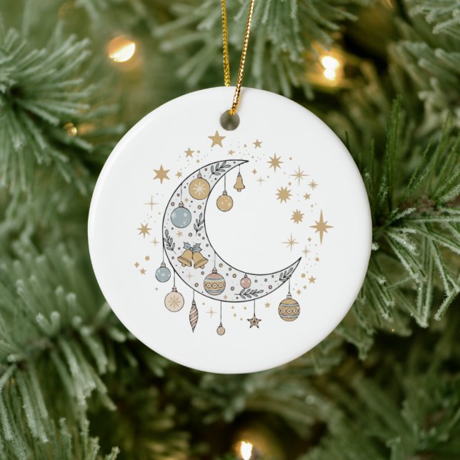 Whimsisk Boho Celestial Julmåne & Stjärnor Julgransprydnad Keramik (Träd)