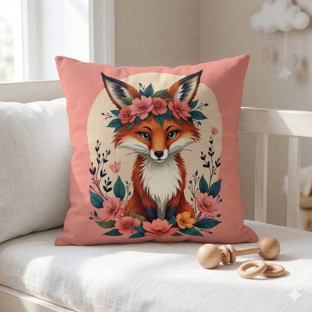 Whimsisk Boho-räv med blomkrona i skogen Kudde (Whimsical Boho Fox with Floral Crown Woodland Throw Pillow Mockup A)