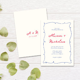 Whimsisk Bright Vågigt Gräns Monogram Bröllop Inbjudningar