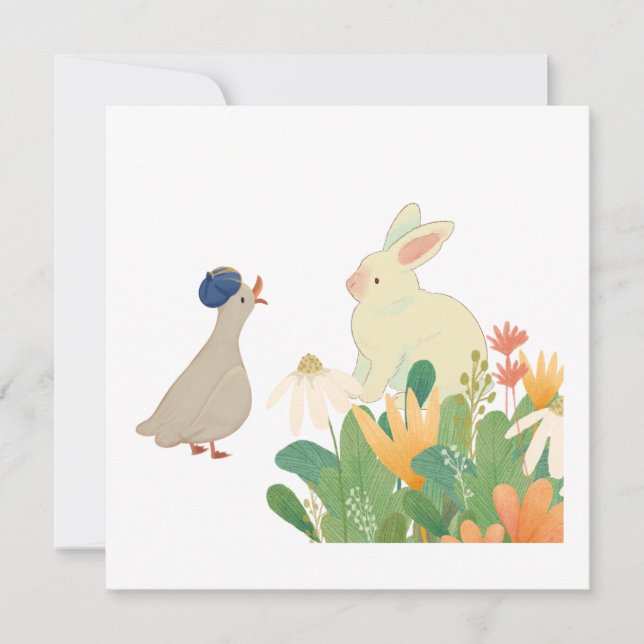 Whimsisk Bunny & Bird in Bloom - Cute Vår Fore Inbjudningar (Framsida)