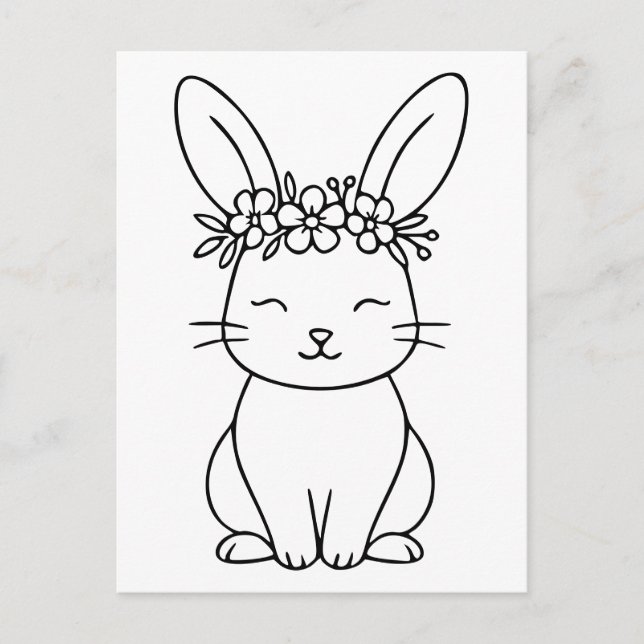Whimsisk Bunny med Blommigt Krona Line Art Vykort (Framsida)