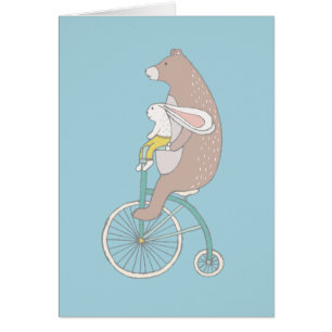Whimsisk Bunny och Bear Riding a Bike Blank Hälsningskort