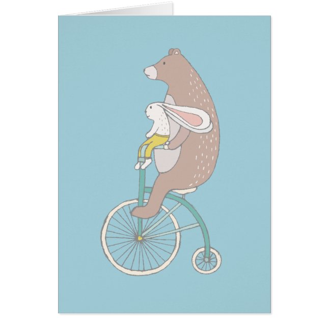 Whimsisk Bunny och Bear Riding a Bike Blank Hälsningskort (Framsidan)