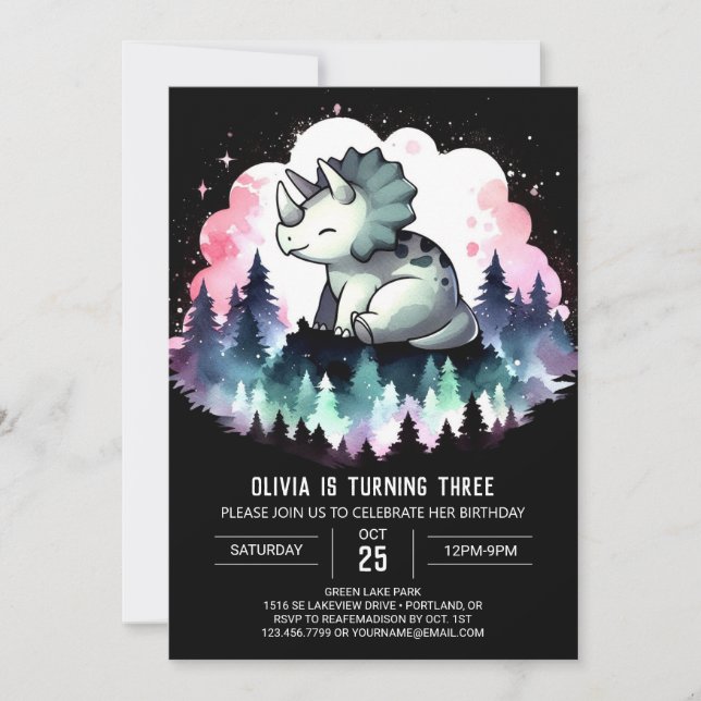 Whimsisk Chic Triceratops Birthday Inbjudningar (Framsida)