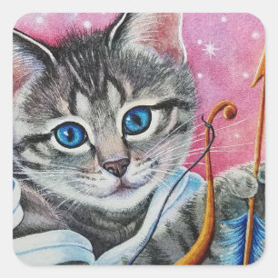 Whimsisk Cupid Tabby Kattunge Watercolor Art Fyrkantigt Klistermärke