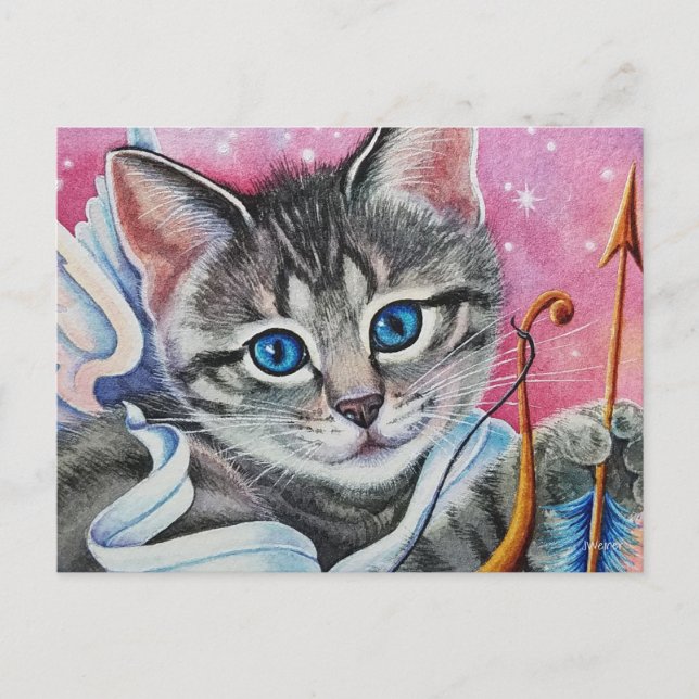 Whimsisk Cupid Tabby Kattunge Watercolor Art Vykort (Framsida)
