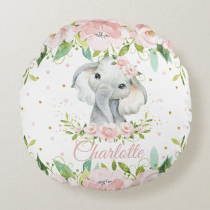 Whimsisk cute Elephant Rosa  Blommigt Nursery Rund Kudde
