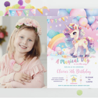 Whimsisk Cute Rainbow Unicorn Magic Birthday Inbjudningar