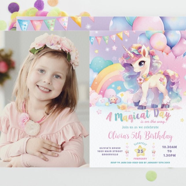 Whimsisk Cute Rainbow Unicorn Magic Birthday Inbjudningar (Skapare uppladdad)