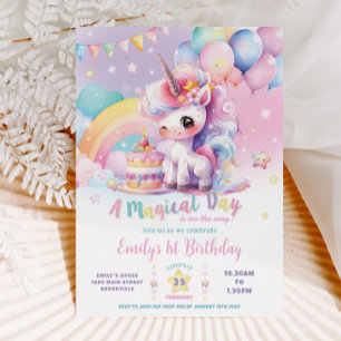 Whimsisk Cute Rainbow Unicorn Magic Birthday Inbjudningar