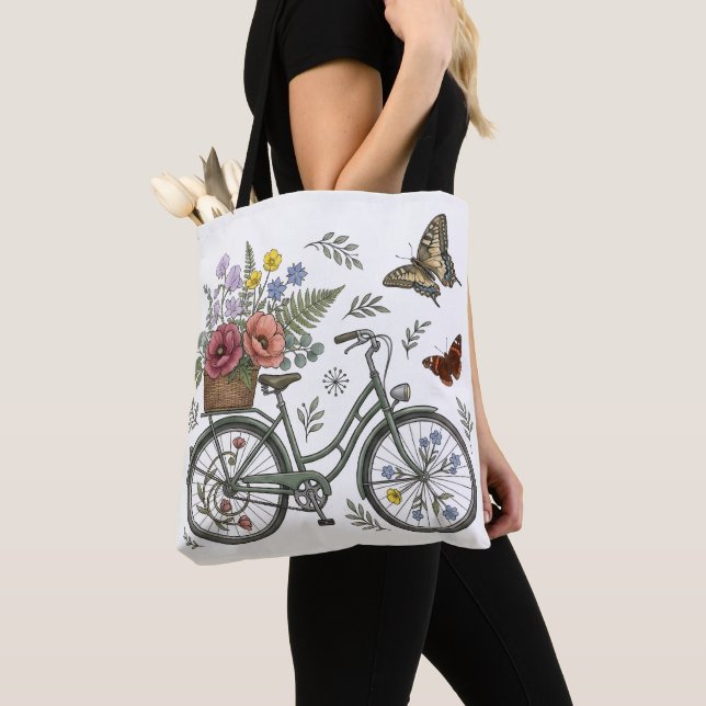 Whimsisk cykel med blommor och fjärilar canvas tygkasse (Närbild)