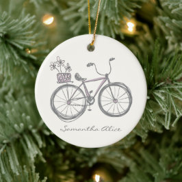 Whimsisk cykelillustration lila grå anpassad julgransprydnad keramik