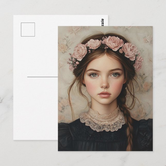 Whimsisk Dam i Flower Krona Porträtt Vykort (Fram/baksida)