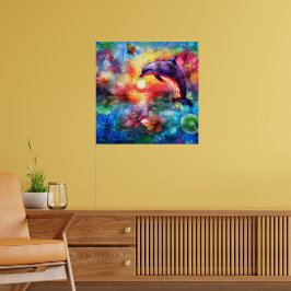 Whimsisk delfinskalk vid kustnära Nautisk Blommigt Poster