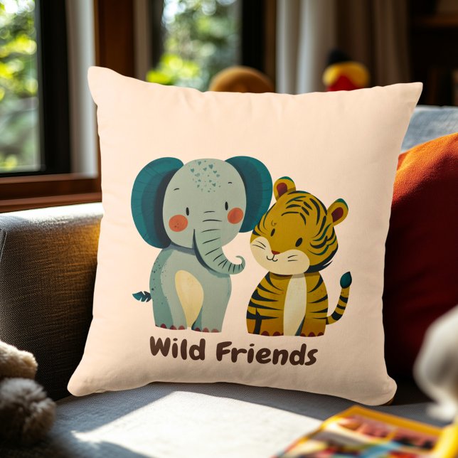 Whimsisk Elefant- och Tigerbarnkammarsillustration Kudde (Skapare uppladdad)