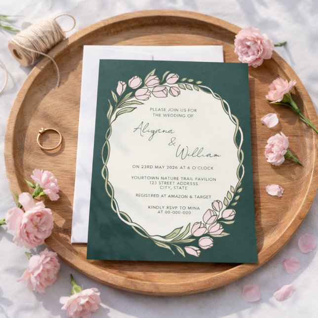 Whimsisk Elegant Grön Blommig Kant Bröllop  Inbjudningar (Skapare uppladdad)