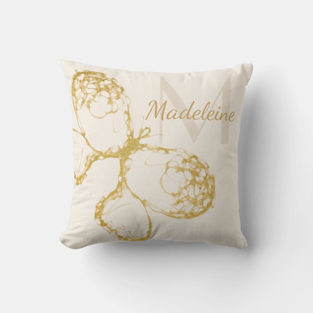 Whimsisk Elegant Guld Butterfly Monogram Boho Kudde (Framsida)