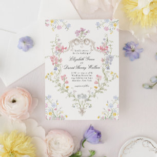Whimsisk Elegant Rokoko Blommig Vapen Wedding Inbjudningar