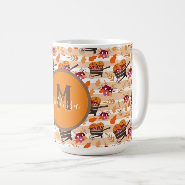 Whimsisk fallande hjulbarrows Mönster Monogram Kaffemugg (Framsida höger)