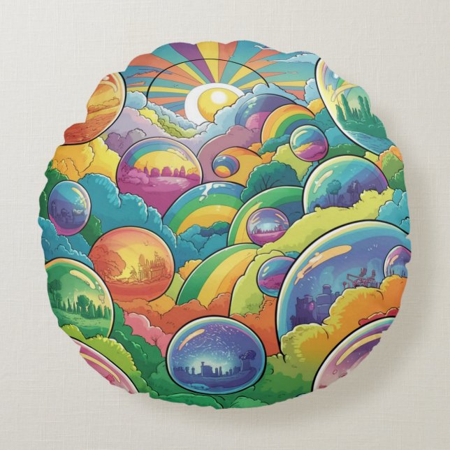 Whimsisk fantasiflikcore retro bubblor rund kudde (Framsidan)