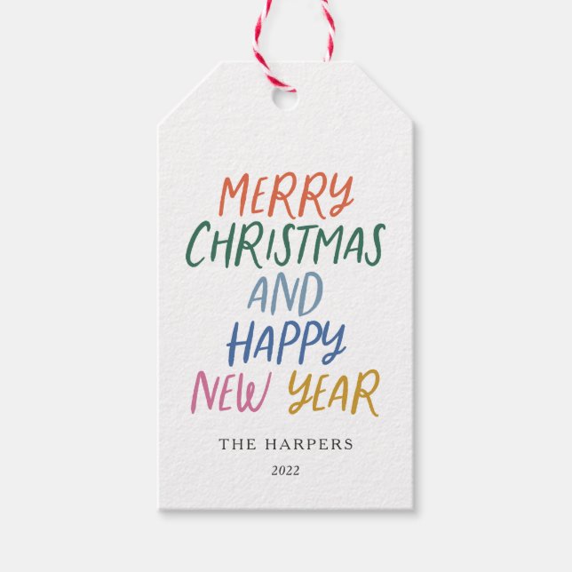 Whimsisk färgfull God jul Gott nytt år Presentetikett (Framsidan)