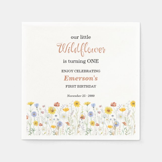 Whimsisk Färgrik Vildblomma 1-års Födelsedagsfest Pappersservett (Framsidan)