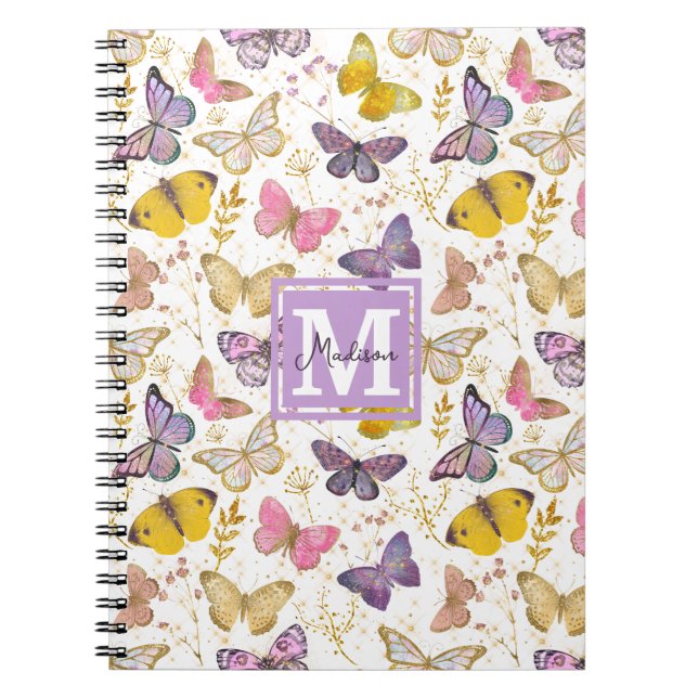 Whimsisk faux gliitter Butterflies Monogram Namn Anteckningsbok (Framsidan)